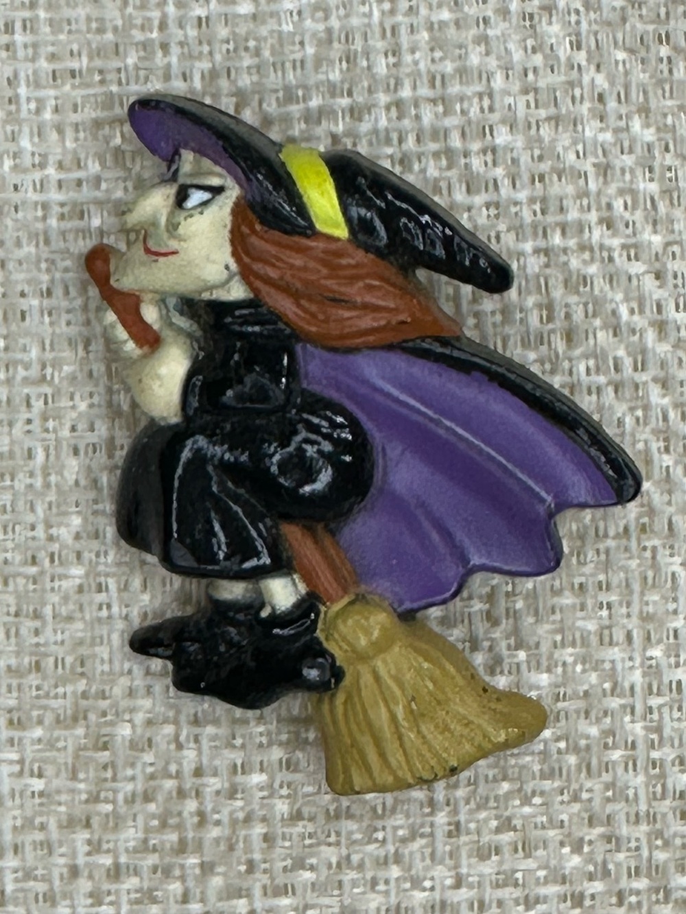 Vintage 70’s/80’s Russ Berrie Halloween Witch-on-a-broom pin or brooch